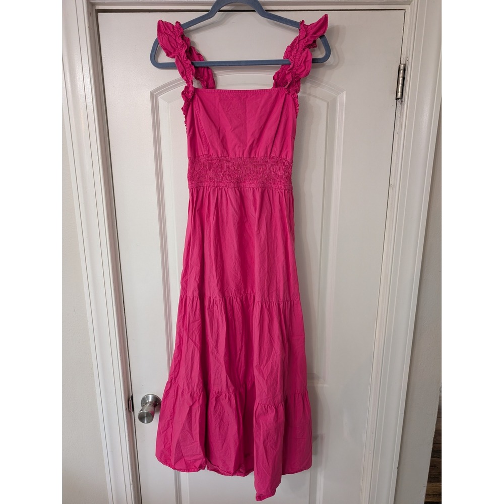 Banjanan Hot Pink‎ Cotton Smocked Tiered Midi Dress Ruffle Straps Women's medium